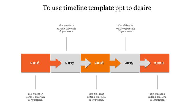 Timeline PowerPoint design slide featuring years 2016 to 2020, with arrows and orange accents with placeholder text.