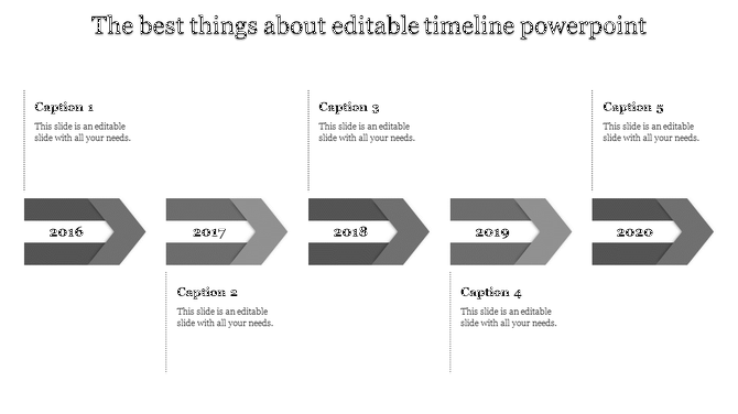 Timeline design with five gray arrows, each pointing to a different year from 2016 to 2020, paired with captions.