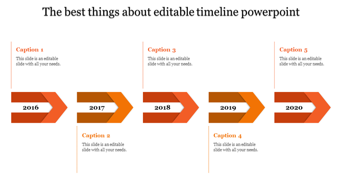 Timeline PowerPoint slide with orange arrows marking the years 2016 to 2020, along with corresponding captions.