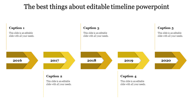 Timeline PowerPoint slide with yellow arrows marking the years 2016 to 2020, along with corresponding captions.