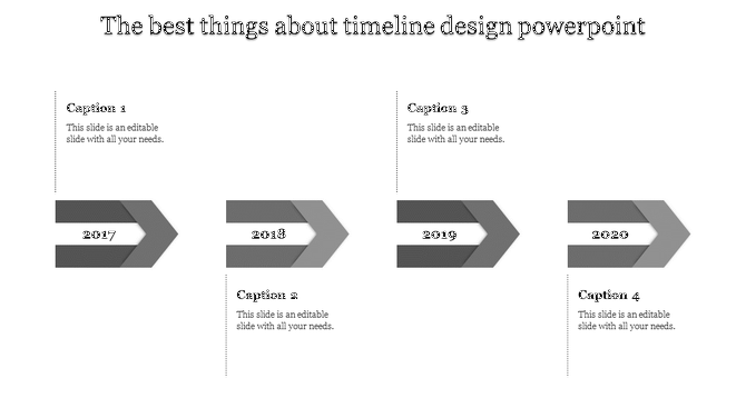 Sequential timeline of purple arrow shapes from 2017 to 2020 with dotted lines leading to caption boxes.