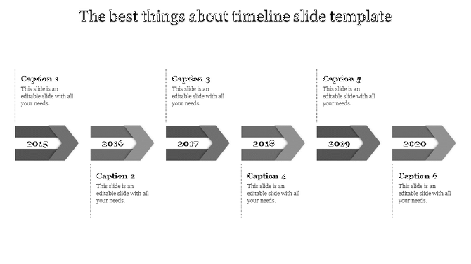 Grayscale timeline with six years marked by arrows, each followed by a caption block for text.