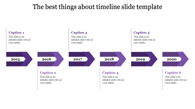 Purple and white timeline with six years displayed as arrows, each paired with a caption for text.