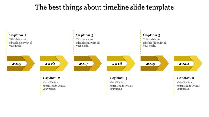 Timeline PowerPoint slide with yellow arrows indicating years from 2015 to 2020, with corresponding captions.