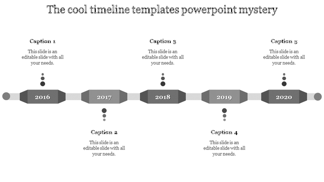 Horizontal timeline with purple hexagons marking years 2016 to 2020, connected by gray lines and dotted captions.