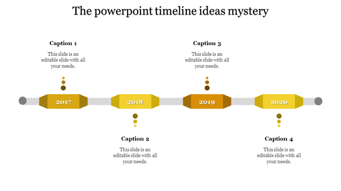 Cool Timeline template with yellow color markers for the years 2017 to 2020, with corresponding captions.