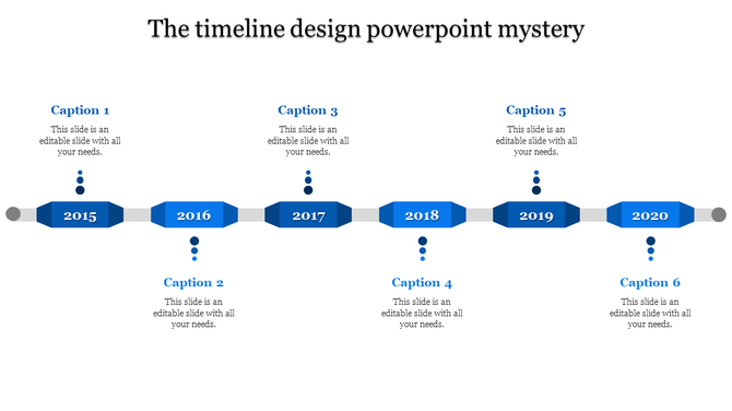 Timeline with blue rectangular blocks for each year from 2015 to 2020, connected by gray lines, and labeled with captions.