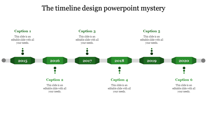 A sleek slide showcasing a timeline design, illustrating key years from 2015 to 2020 with captions for each milestone.
