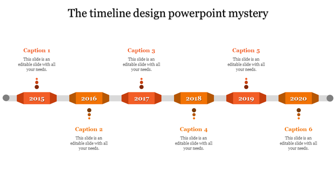 Cool timeline template with orange color markers for 2015 to 2020, each with corresponding caption sections.