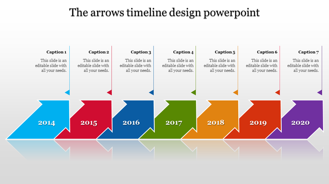 Timeline design PowerPoint slide with colorful arrows for each year from 2014 to 2020, with captions for each year.