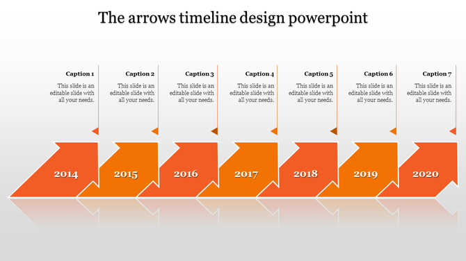 Timeline template with orange arrows representing the years from 2014 to 2020, with corresponding caption fields.