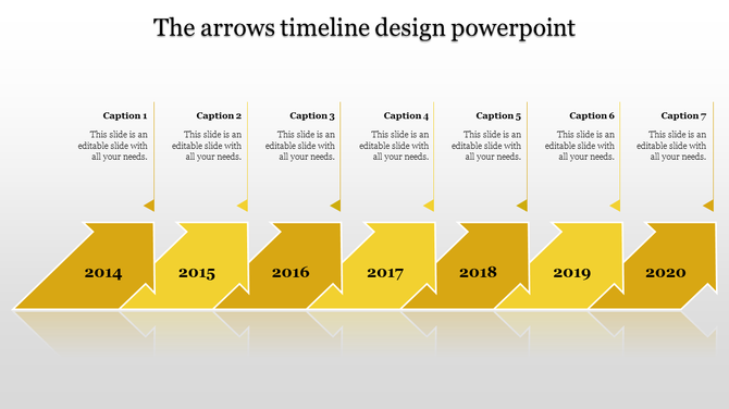 Timeline template with yellow arrows representing the years 2014 to 2020, with corresponding caption fields.