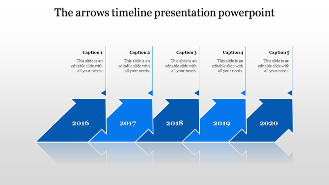Orange arrow timeline with reflective base, displaying years 2016 to 2020 under corresponding captions.