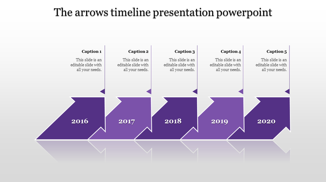 Timeline design slide with purple arrows marking the years 2016 through 2020, featuring space for captions.