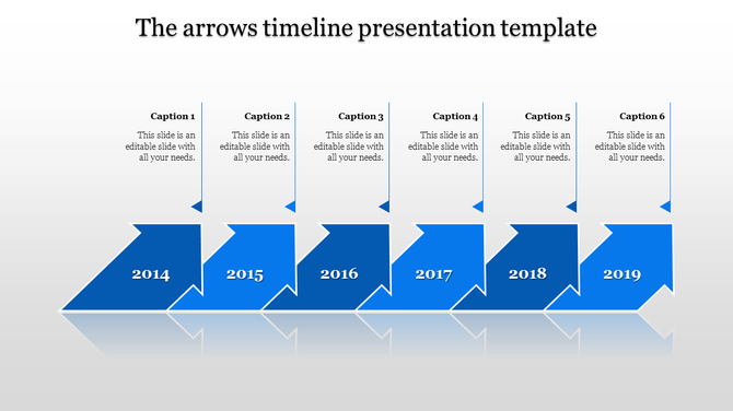 Timeline PPT slide with blue arrows for the years from 2014 to 2019, each with corresponding caption fields.