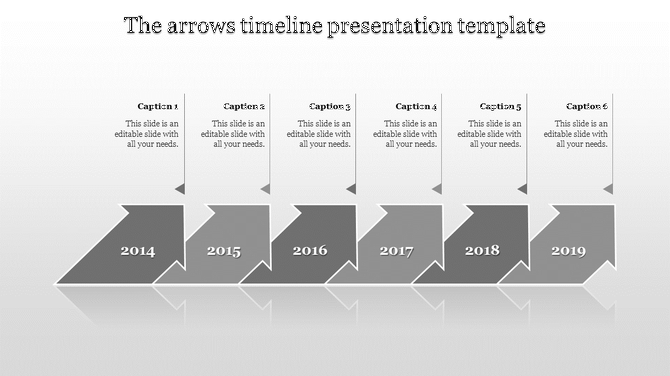Gray timeline with six arrows pointing to the right, marked with years 2014 to 2019, each with a caption above.