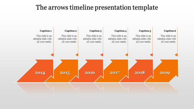 Timeline PPT slide with orange arrows for the years from 2014 to 2019, each with corresponding caption fields.