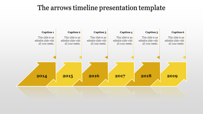 Timeline PPT slide with yellow arrows for the years from 2014 to 2019, each with corresponding caption fields.