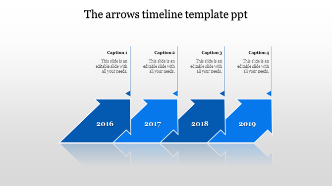 Horizontal timeline featuring large orange arrows and placeholder text areas representing 2016, 2017, 2018, and 2019.