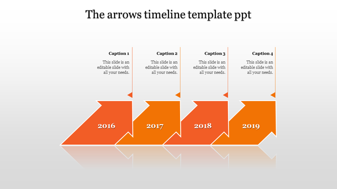 Four step arrows timeline with bold colors representing 2016 to 2019 in blue, red, blue, and green.