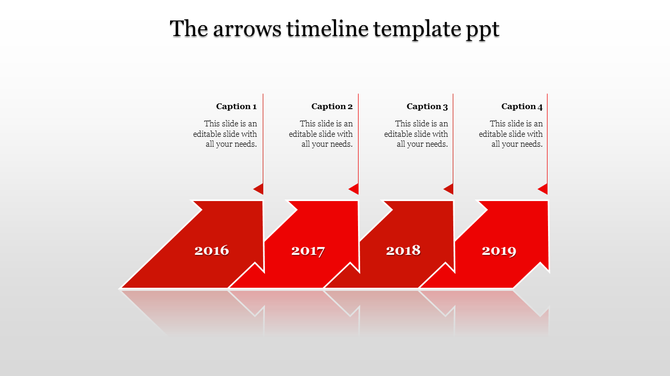 Timeline PPT template with red arrows for the years 2016 to 2019, each with corresponding caption fields.