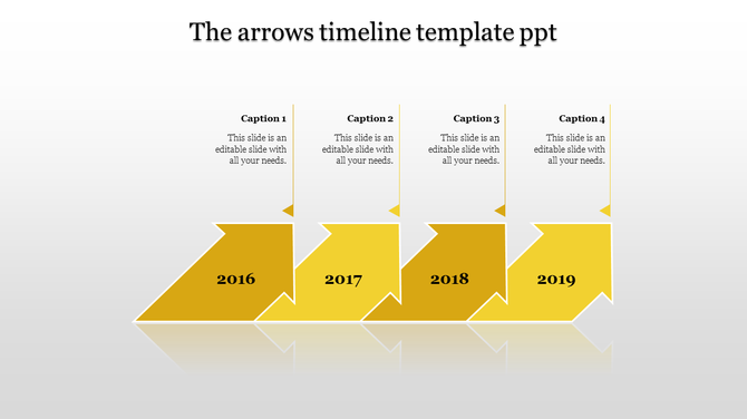 Series of four yellow upward pointing arrows, representing a timeline from 2016 to 2019, with caption areas above.