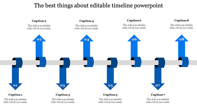 Eight step timeline with colorful arrows labeled 01 to 08 pointing above and below a horizontal gray line.