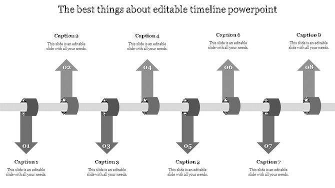 PowerPoint slide featuring a timeline with eight captions and arrows in grey, marking key years.