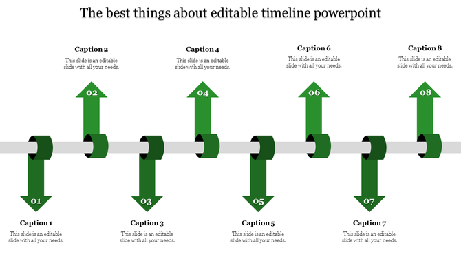 Eight green upward and downward arrows in a line, connected by grey bands with circular ends, on a white background.
