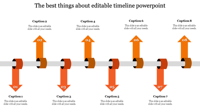 Eight-step timeline with colorful arrows labeled 01 to 08 pointing above and below a horizontal gray line.