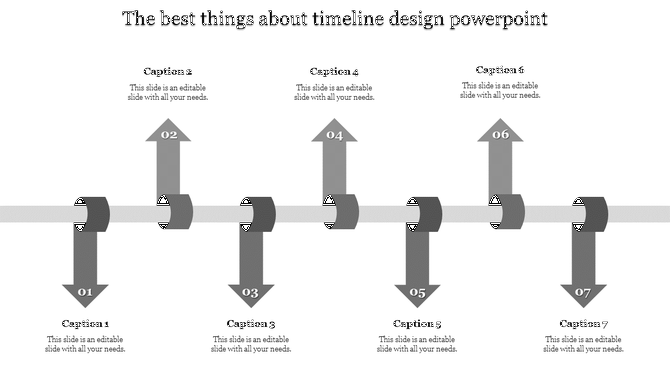 PowerPoint template with a grey arrows timeline design, showing seven years with numbered sections and captions.