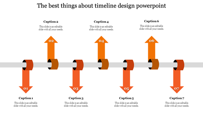 Timeline with seven orange arrows pointing up and down, connected by circular links on a grey bar.