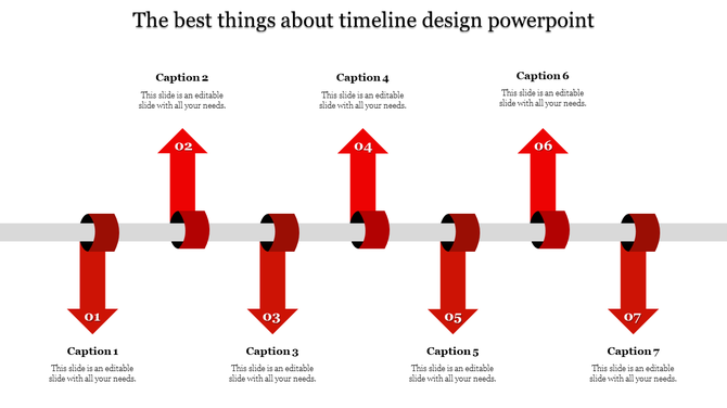 PowerPoint template with a red arrows timeline design, showing seven years with numbered sections and captions.