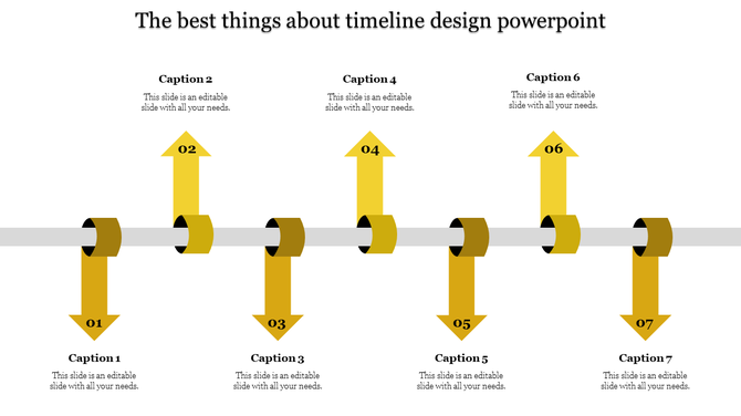 Seven yellow arrows pointing upwards and downwards, with circular links, displayed along a grey timeline.