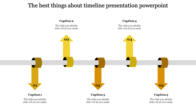 Visually appealing timeline with five yellow arrows curving around a horizontal bar, pointing to key steps in a sequence.