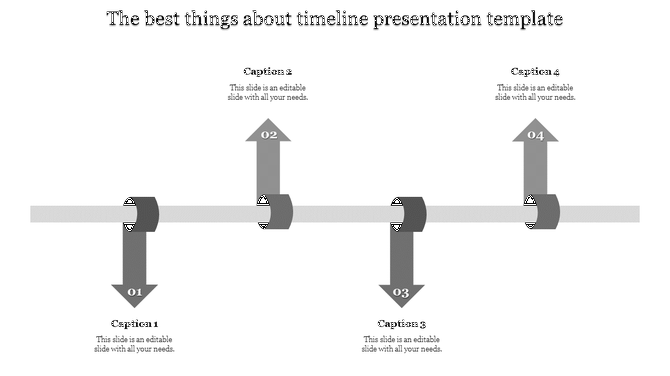 A timeline design template featuring five grey arrows pointing upward and downward with numbered steps and captions.