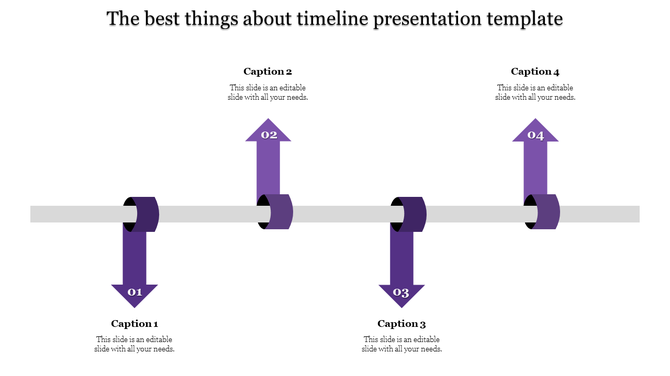 Horizontal timeline with four multicolored arrows numbered 01 to 04, connected to caption boxes above and below.