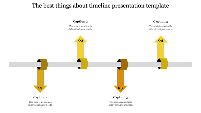 Timeline infographic with four vertical yellow arrows wrapping around a central gray axis, pointing up and down.
