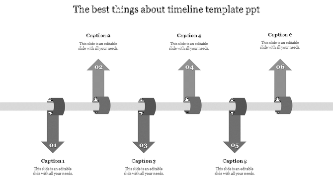 A modern timeline PowerPoint template with six steps, using gray arrows for each stage with captions.