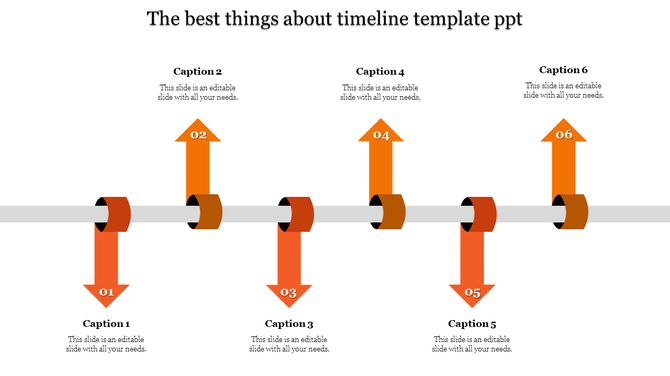 Horizontal timeline with six yellow arrows numbered 01 to 06, connected to caption boxes above and below.