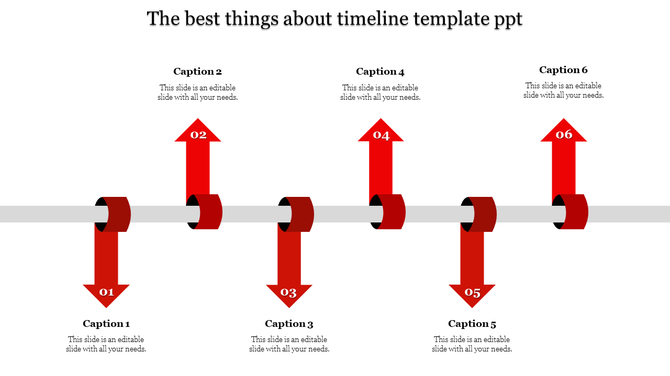 Modern timeline with six numbered red arrows wrapping around a horizontal bar, each linked to a caption.