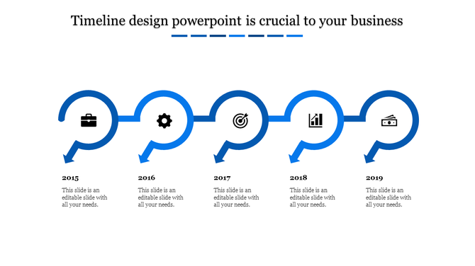 Blue themed timeline PPT slide with circular markers for the years 2015 to 2019, featuring icons for business milestones.