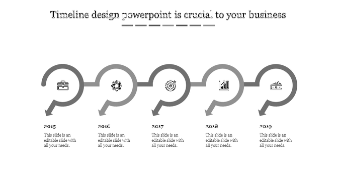 Gray toned timeline with arrows and icons, representing years 2015 to 2019, each marked by a unique icon.