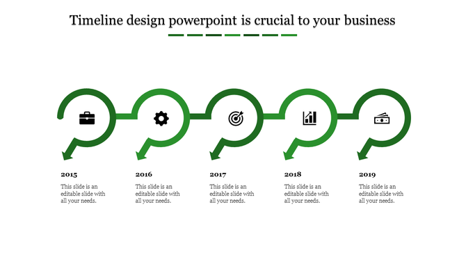 Business timeline slide featuring red colorful arrow shapes, caption areas and icons for each milestone.