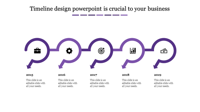 Purple themed timeline with arrows and icons indicating business steps over five years, from 2015 to 2019.