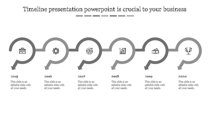 Timeline PPT slide with grey arrows for the years 2015 to 2020, featuring icons for business milestones with text area.