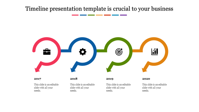 Business timeline slide featuring colorful green arrow shapes, caption areas and icons for each milestone.