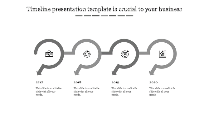A minimal timeline with four purple arrow loops featuring icons for each year milestone each with caption areas.