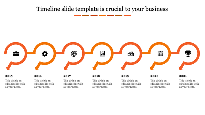 Circular arrow timeline with icons and years 2015 to 2021 in red, blue, green, orange, purple, and cyan.