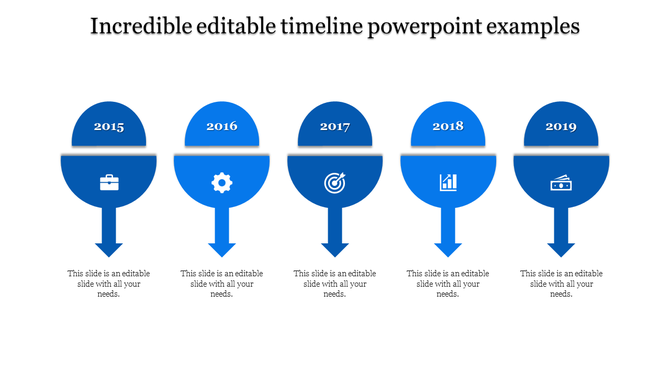 A PowerPoint timeline slide featuring blue circular markers for 2015 to 2019, each with a corresponding icon and captions.